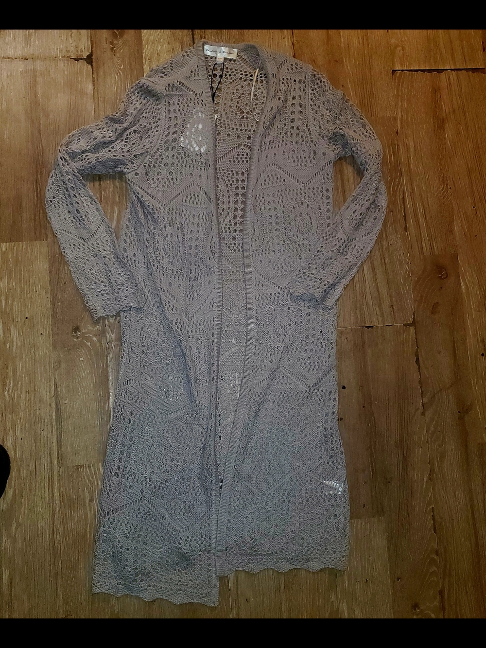 Chelsea & Theodore Long Trench Open Crochet Knit Cardigan in Taupe